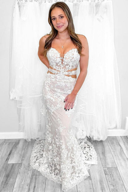 Sweetheart Sleeveless Allover Lace Applique Tulle Sweep Train Mermaid Wedding Dress