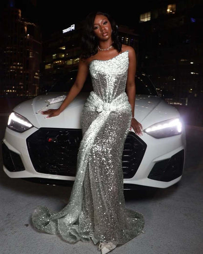 Asymmetric Strapless Sleeveless Long Pleated Mermaid Prom Dress