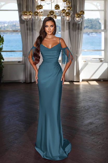 Charming Fuchsia Prom Dress Spaghetti Strap With Pleated Tassel Sequins