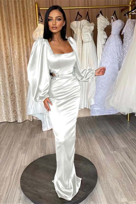 Glamorous Long Puff Sleeves Square Pleated Mermaid Prom Dress With Appliques