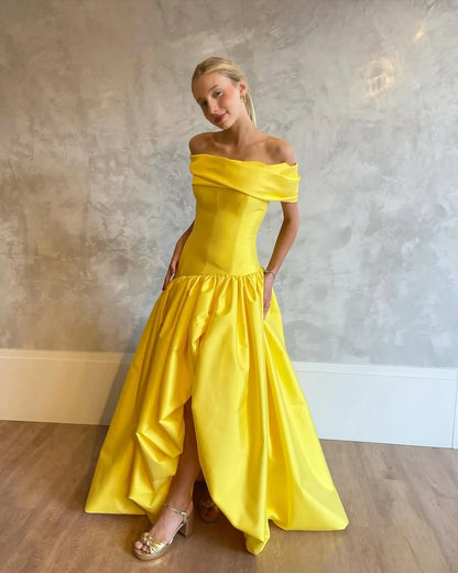 Yellow Lovely Vibrant Off-The-Shoulder Split Prom Dress ZT0772