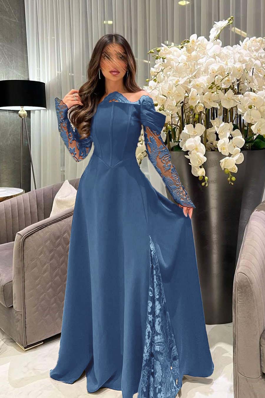 Off the Shoulder Long Sleeves Long Prom Dress With Appliques