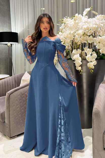 Off the Shoulder Long Sleeves Long Prom Dress With Appliques
