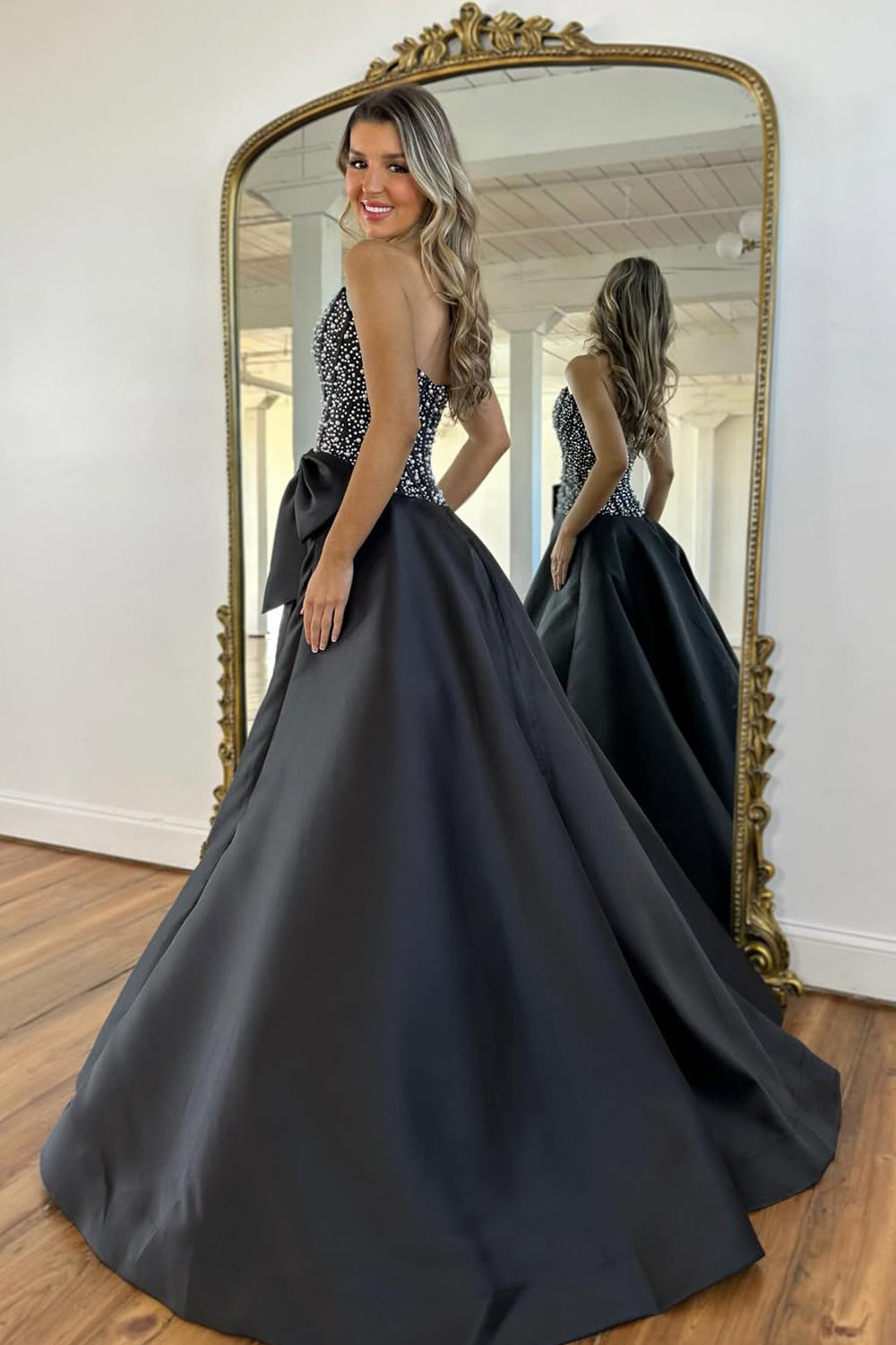 Gorgeous A Line Strapless Black Satin Prom Dress