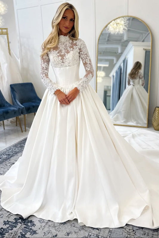 Elegant Ball Gown High Neck Satin Wedding Dress with Long Sleeves