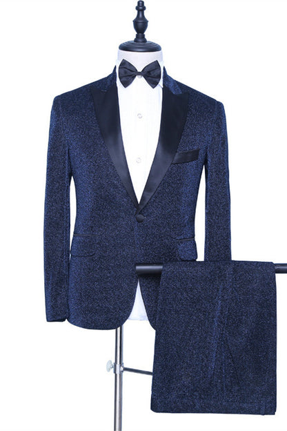 Morden Sparkly Wedding Suit For Groom Dark Navy Wedding With Peaked Lapel Party
