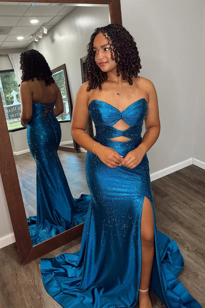 Sparkly Mermaid Sweetheart Neck Peacock Blue Prom Dress with Hot Stone