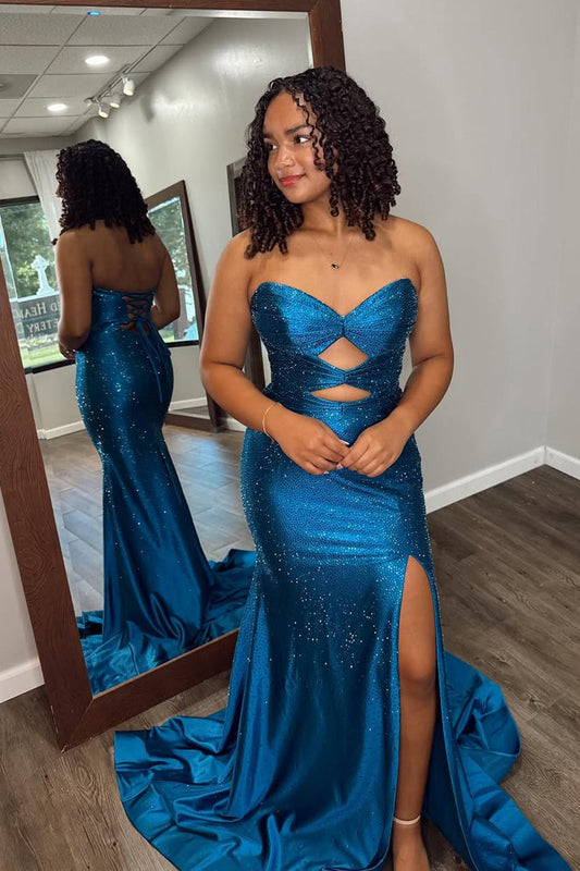 Sparkly Mermaid Sweetheart Neck Peacock Blue Prom Dress with Hot Stone