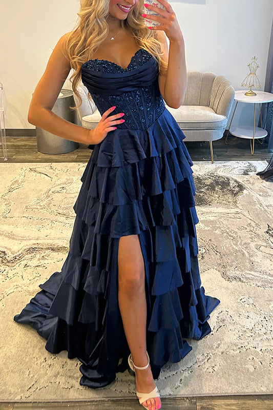 A-Line Strapless Navy Blue Ruffle Tiered Satin Long Prom Dress