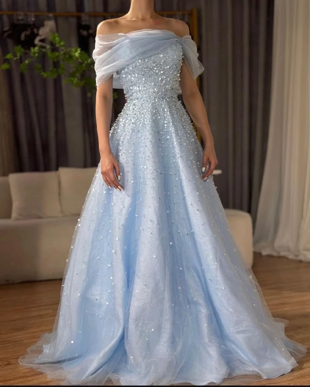 Sky Blue Off-The-Shoulder Sequins A-Line Prom Dress