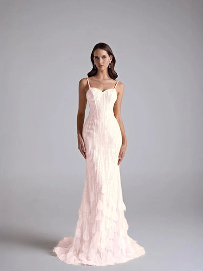 Spaghetti Straps Sleeveless Long Mermaid Prom Dress With Petals And Sequins