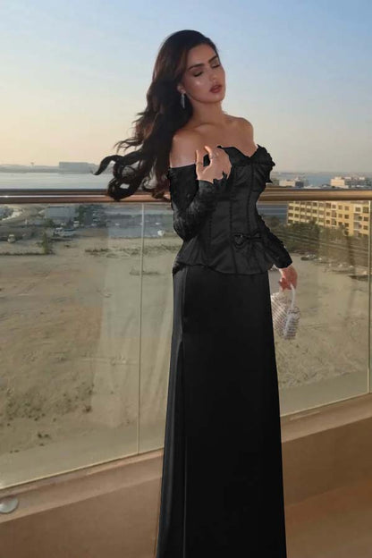 Sweetheart Strapless Long Sleeves Long Prom Dress With Bow And Beadings