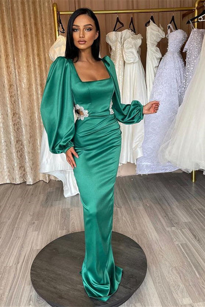 Glamorous Long Puff Sleeves Square Pleated Mermaid Prom Dress With Appliques