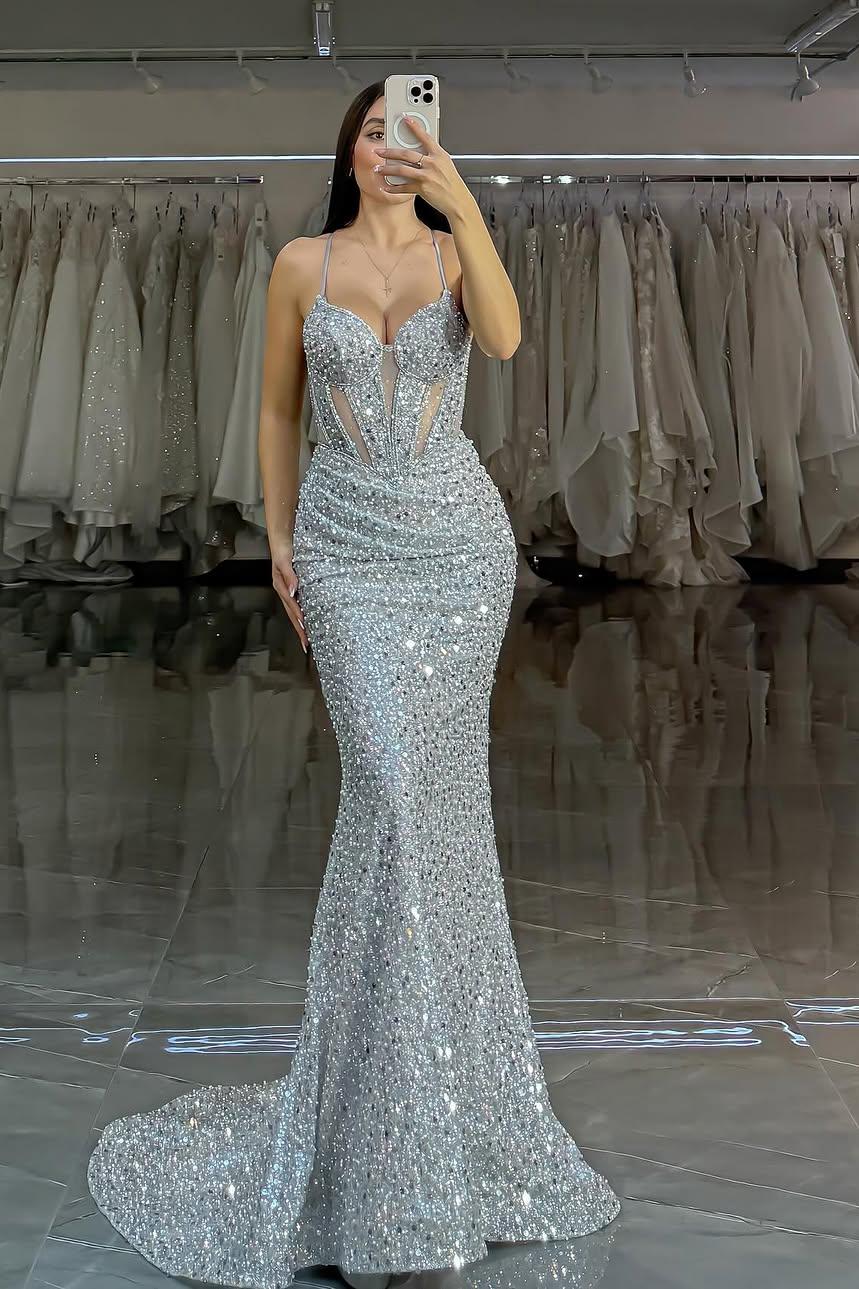 Spaghetti Strap Sleeveless Long Mermaid Evening Formal Dress With Sequined
