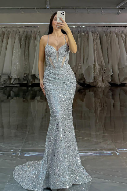 Spaghetti Strap Sleeveless Long Mermaid Evening Formal Dress With Sequined