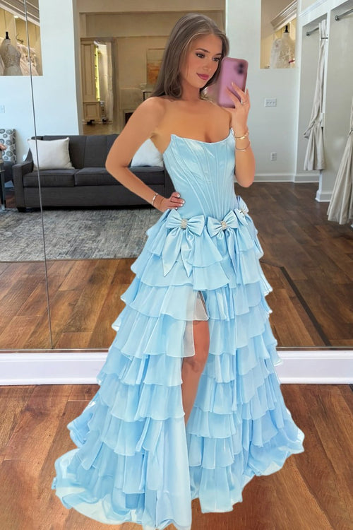 Stunning A-Line Strapless Blue Bow Ruffle Tiered Long Prom Dress