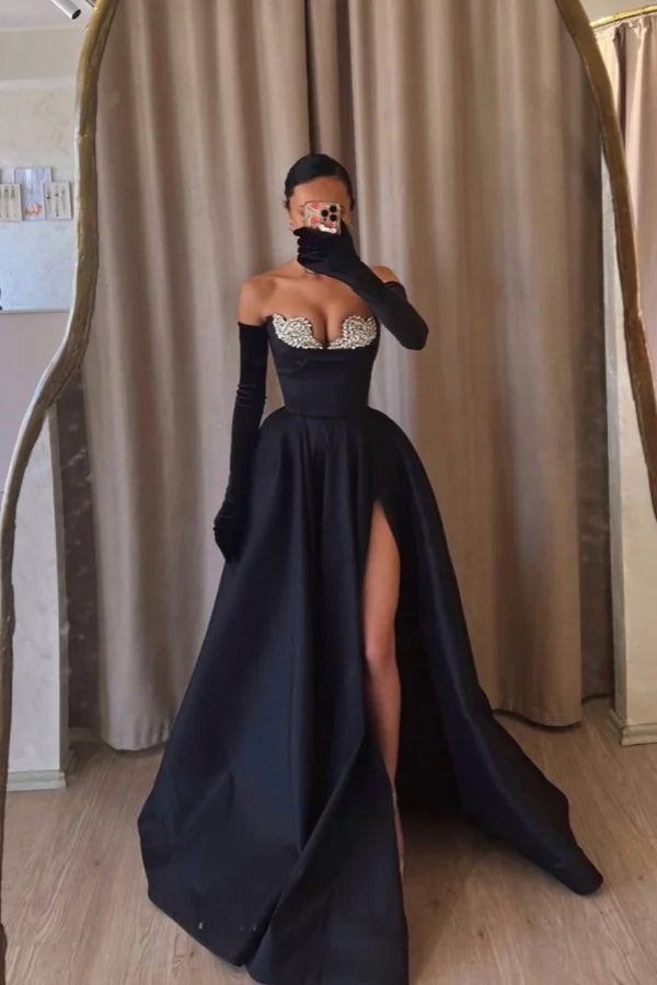 Formal Black Strapless Split Beaded A-Line Prom Dress With Velvet Gloves