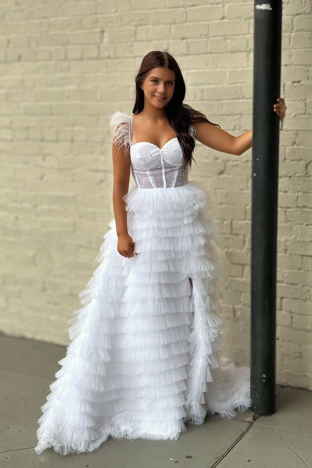 A-Line Sweetheart White Ruffle Tiered Tulle Long Prom Dress