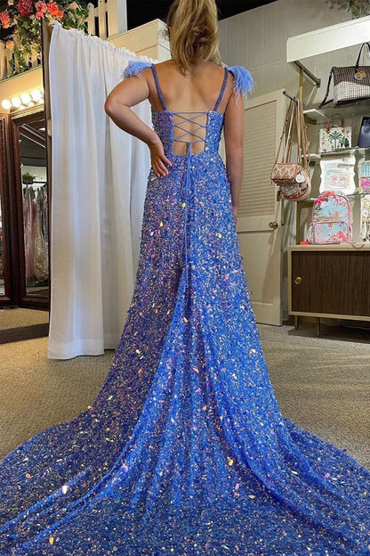 A-Line V Neck Blue Sequins Long Prom Dress with Slit