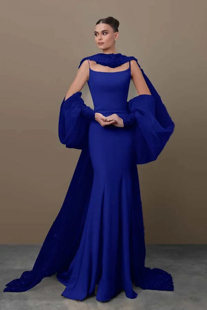 Chic Sky Blue Spaghetti-Straps Mermaid Prom Dress With Tulle Appliques Train