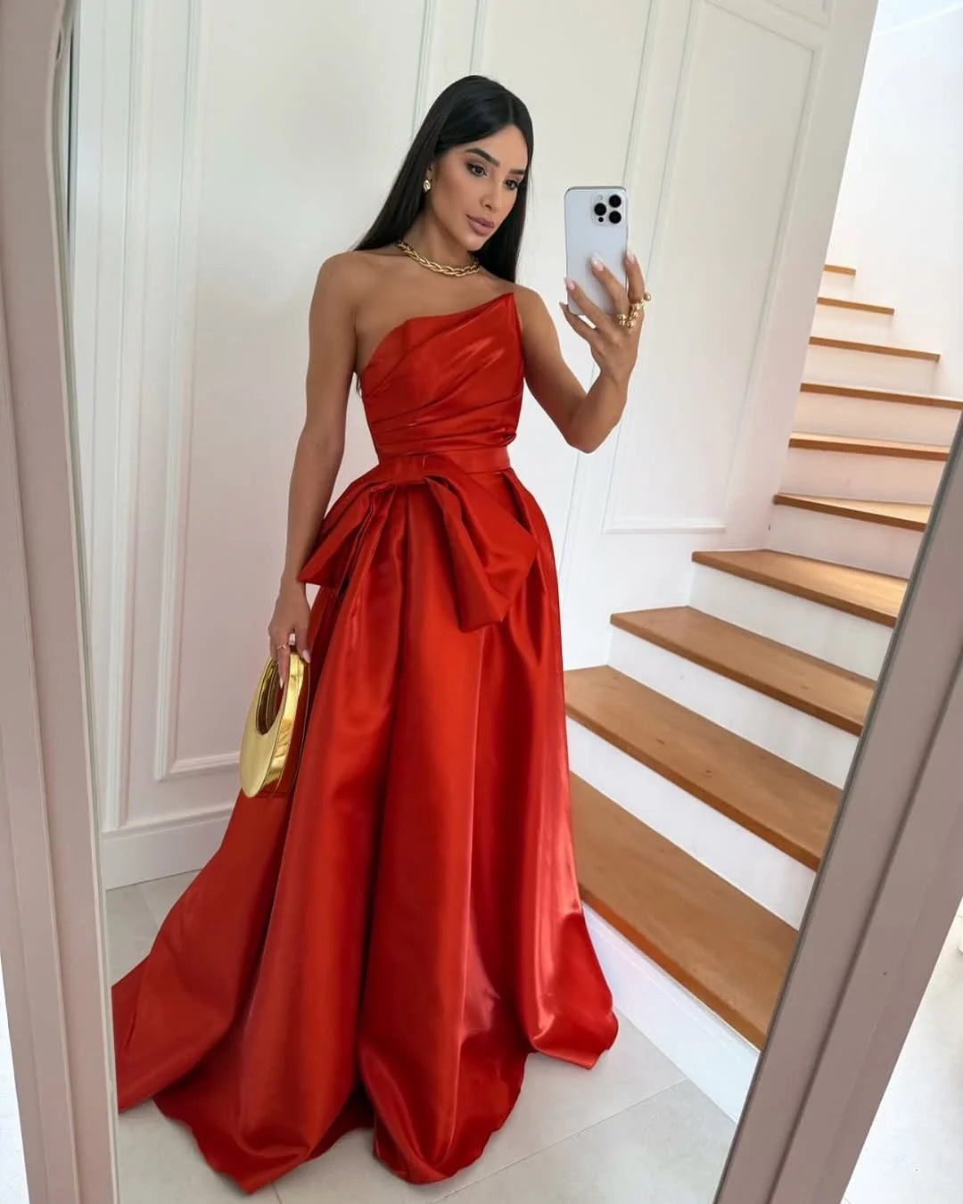 Dark Orange Asymmetric Neckline A-Line Prom Dress With Bow ZT0764