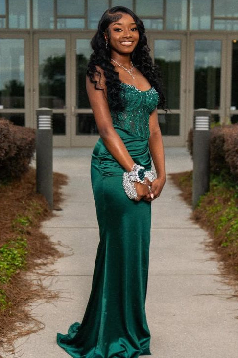 Spaghetti Straps Green Satin With Beads