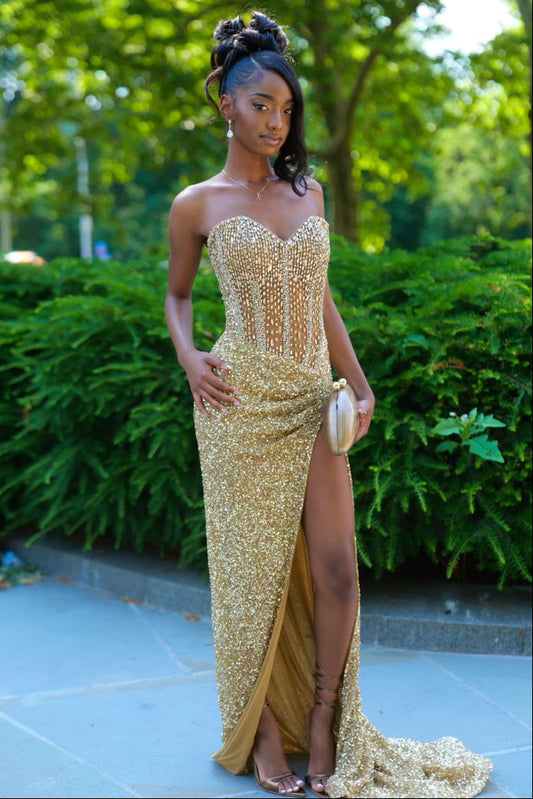 Mermaid Sweetheart Gold Split Sequins Formal Prom Dress