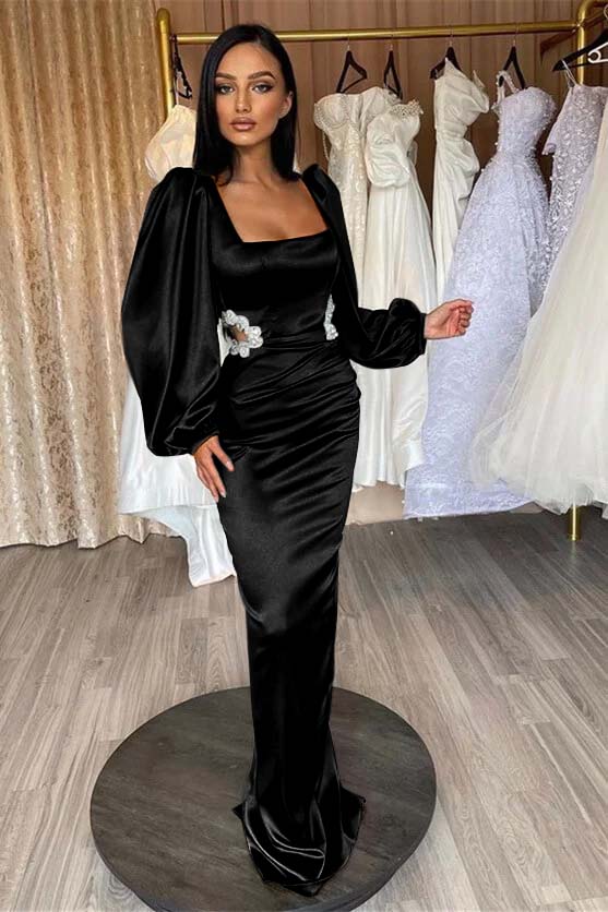 Glamorous Long Puff Sleeves Square Pleated Mermaid Prom Dress With Appliques