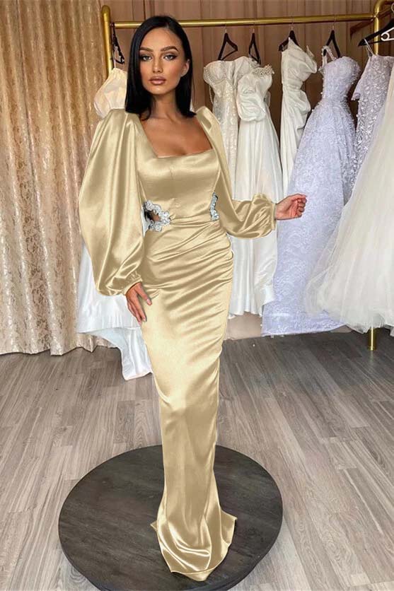 Glamorous Long Puff Sleeves Square Pleated Mermaid Prom Dress With Appliques