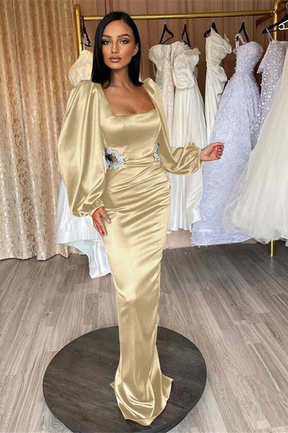 Glamorous Long Puff Sleeves Square Pleated Mermaid Prom Dress With Appliques