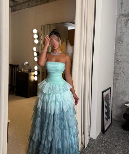 Sexy Ball Gown Strapless Blue Multi Layers Long Prom Dress
