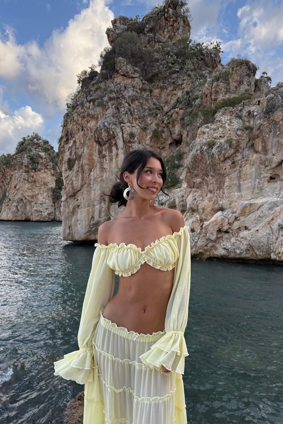 Chiffon Off-The-Shoulder Sleeves Long Prom Dress With Ruffles