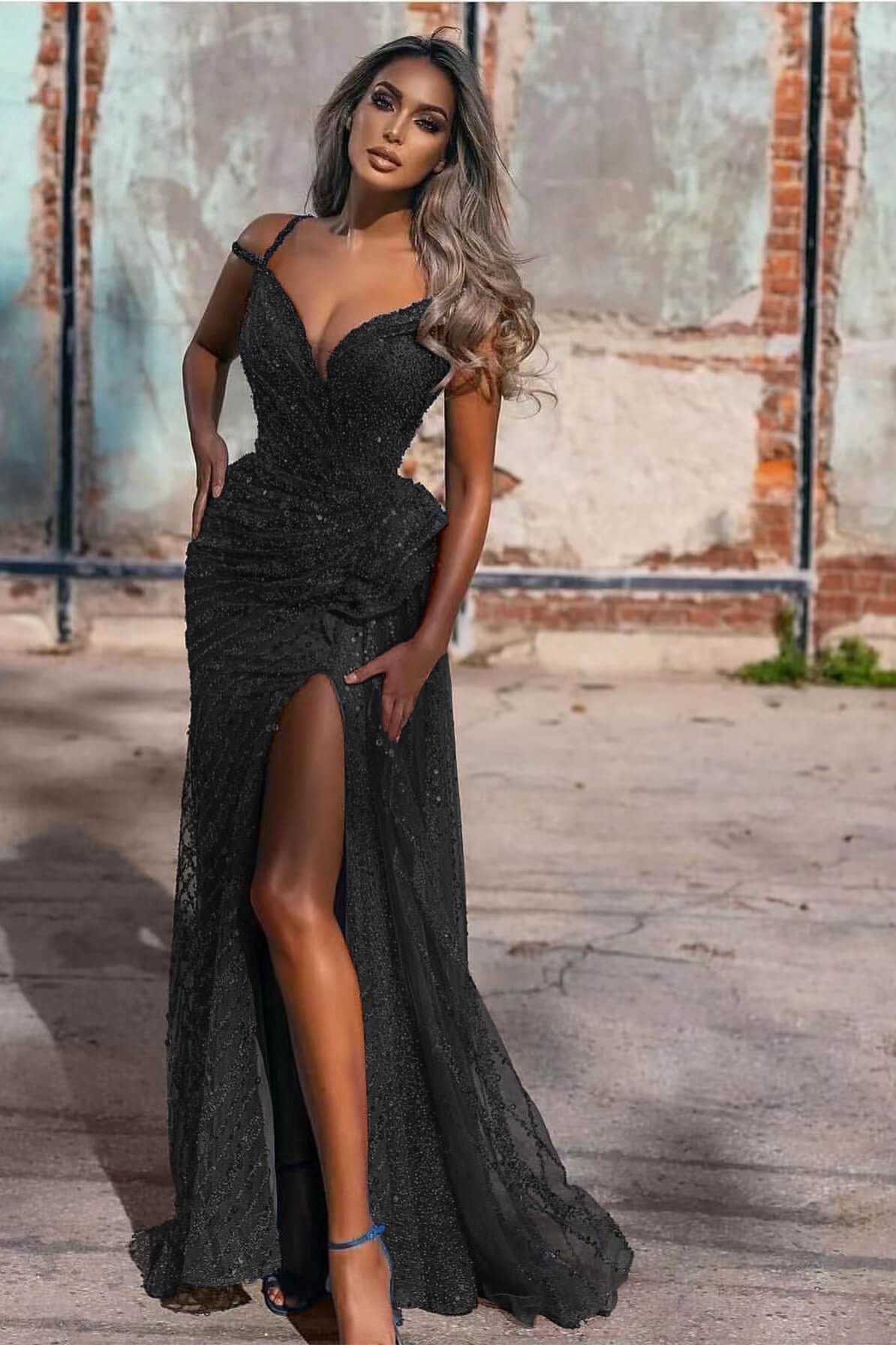 Royal Blue Off the Shoulder Sleeveless Evening Dress