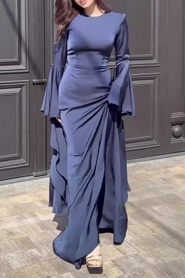 Irregular Flare Sleeve Round Neck Solid Color Maxi Dresses