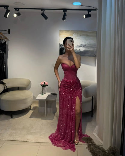 Fuchsia Sweetheart Beaded Split Gorgeous Prom Dress