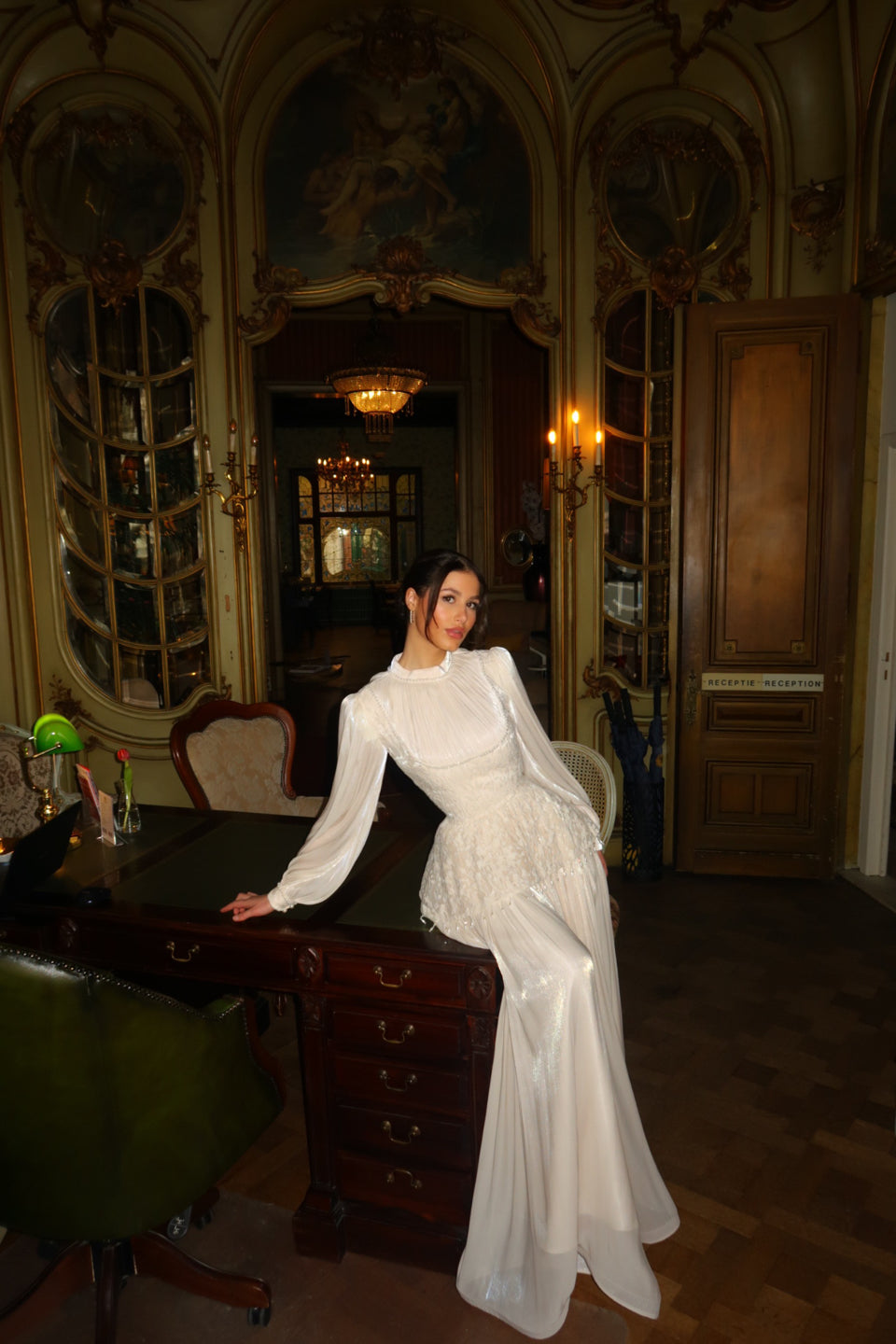 Ivory High Neck Long Sleeves Beaded Evening Gown Vintage Dress