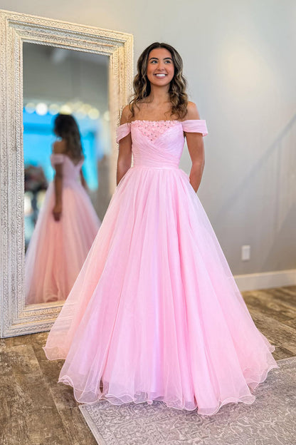Gorgeous Ball Gown Off the Shoulder Pink Tulle Prom Dress with Beading
