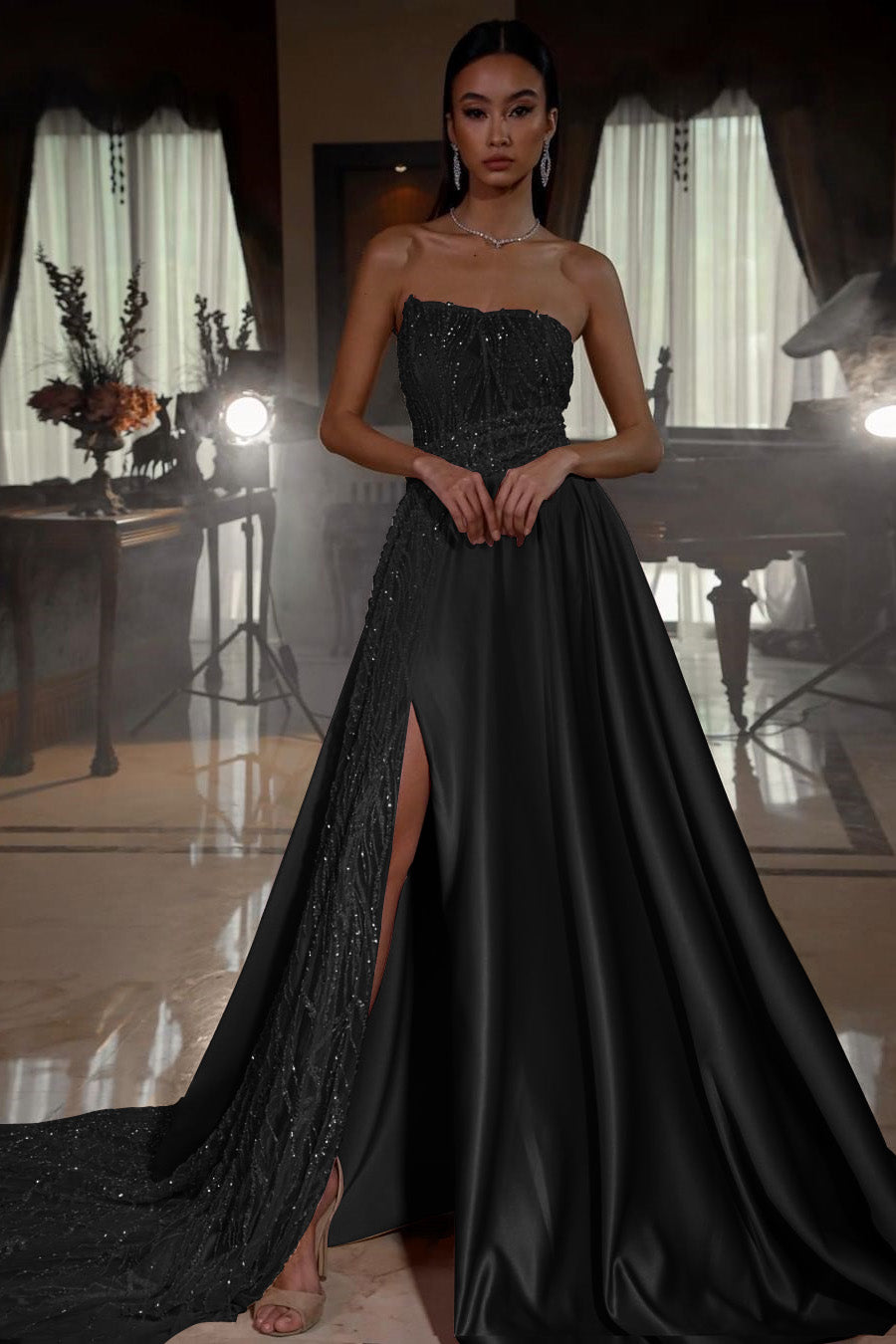 Pink Strapless Sleeveless Sequins A-Line Prom Dress with Split