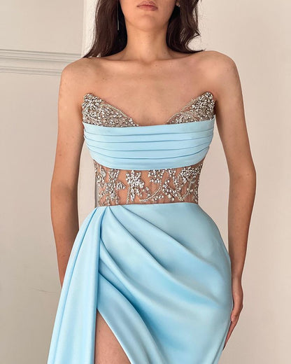 Modern Strapless Mermaid Prom Dress Split With Beading