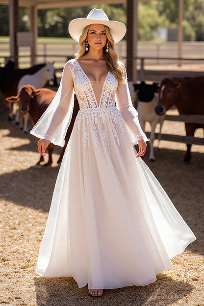 V-Neck Long Sleeves Tulle A-Line Bridal Dress With Appliques