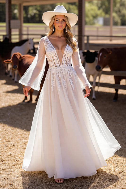 V-Neck Long Sleeves Tulle A-Line Bridal Dress With Appliques