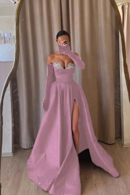 Formal Black Strapless Split Beaded A-Line Prom Dress With Velvet Gloves