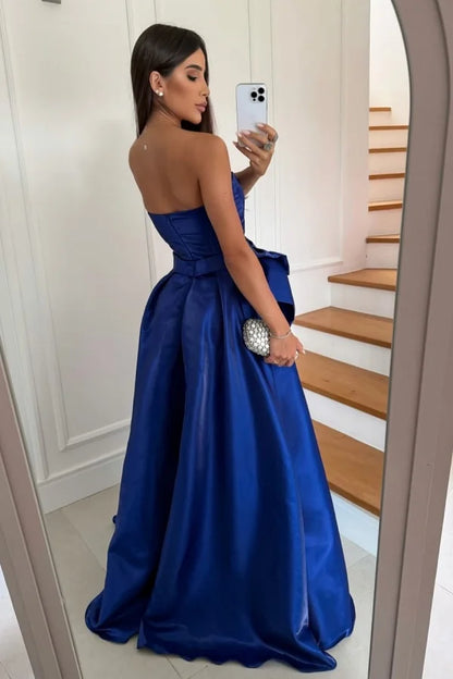 Formal Dark Blue Strapless Split Bow Prom Dress ZT0763