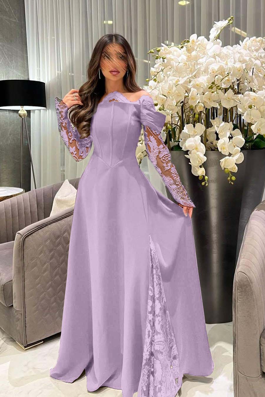 Off the Shoulder Long Sleeves Long Prom Dress With Appliques