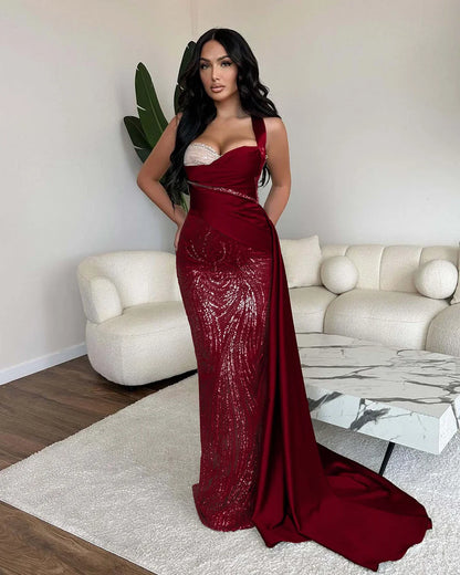 Elegant One Shoulder Mermaid Sequins Evening Dress Ball Gown With Ruffles
