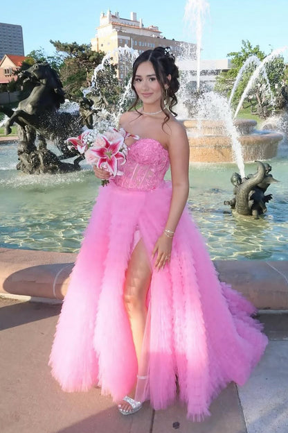 Pink Tiered Tulle Prom Dress with Slit