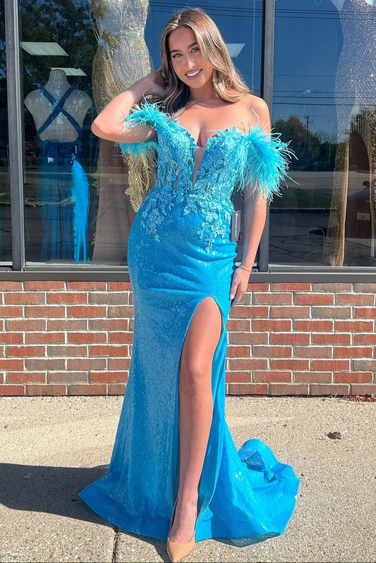 Charming Mermaid Off the Shoulder Blue Sequins Prom Dress