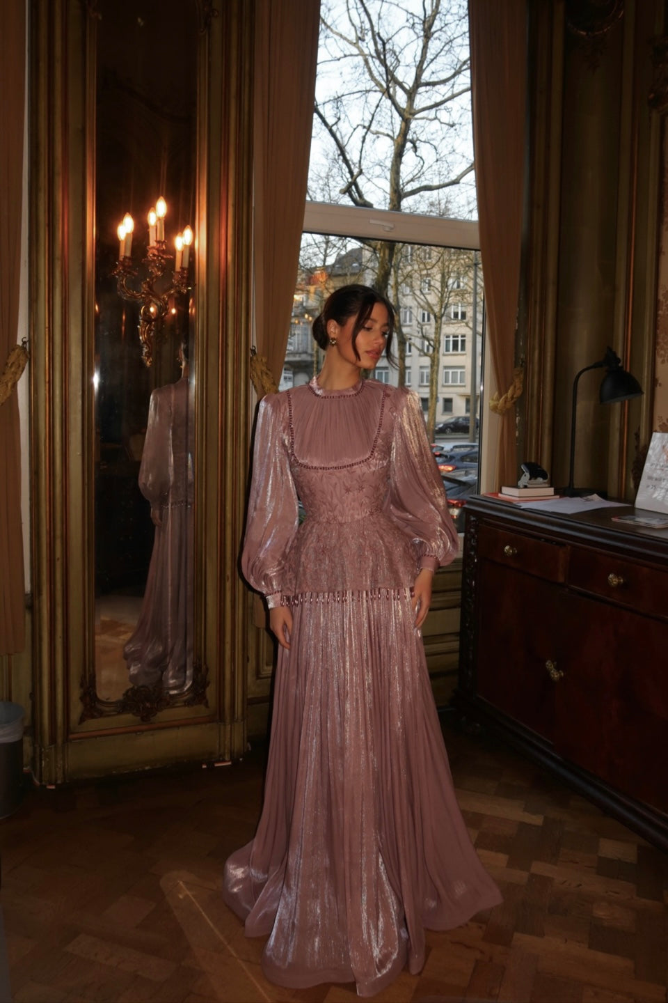 Dusty Rose Long Sleeves A-Line Floor Length Evening Dress