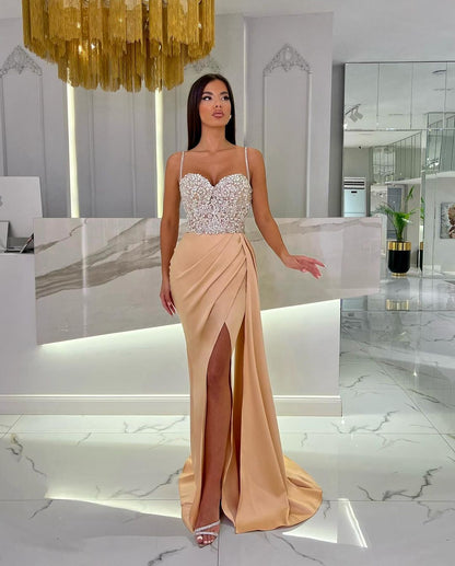 Spaghetti Straps Prom Dress Sweetheart Rhinestones with High Slit