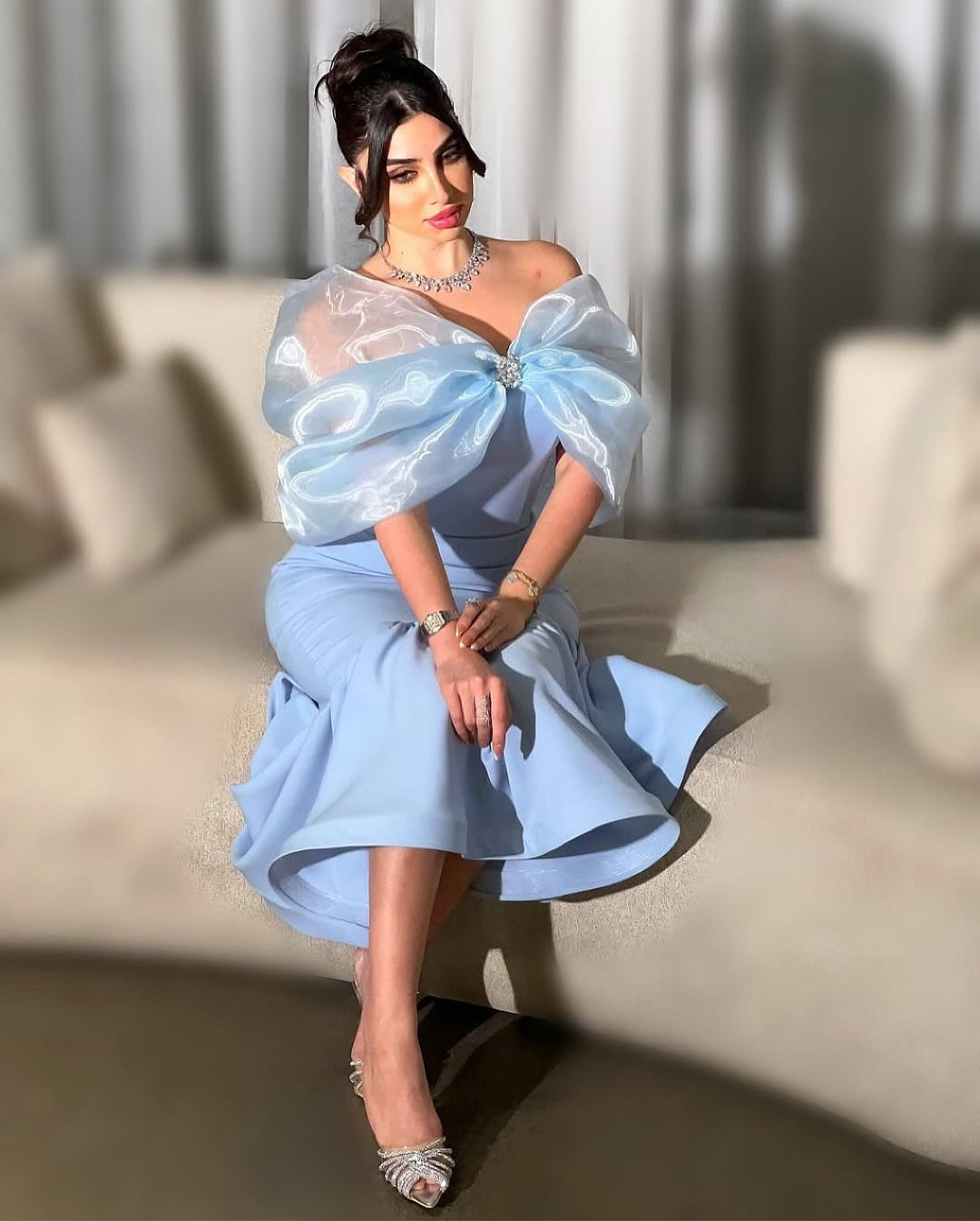 Blue Off the Shoulder Sleeveless Mermaid Tea-Lenght Evening Dress